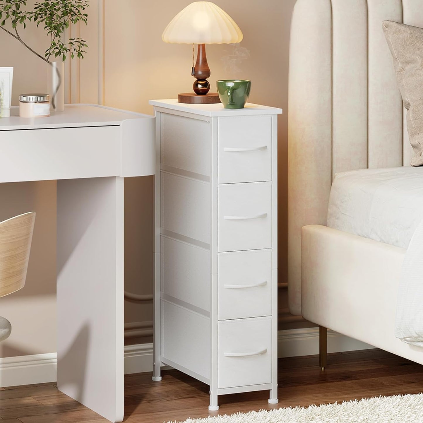 Somdot Narrow Dresser with 4 Drawers, Slim Storage Organizer Chest of Drawers with Removable Fabric Drawers for Small Spaces Bathroom Closet Bedroom Laundry, White Leather