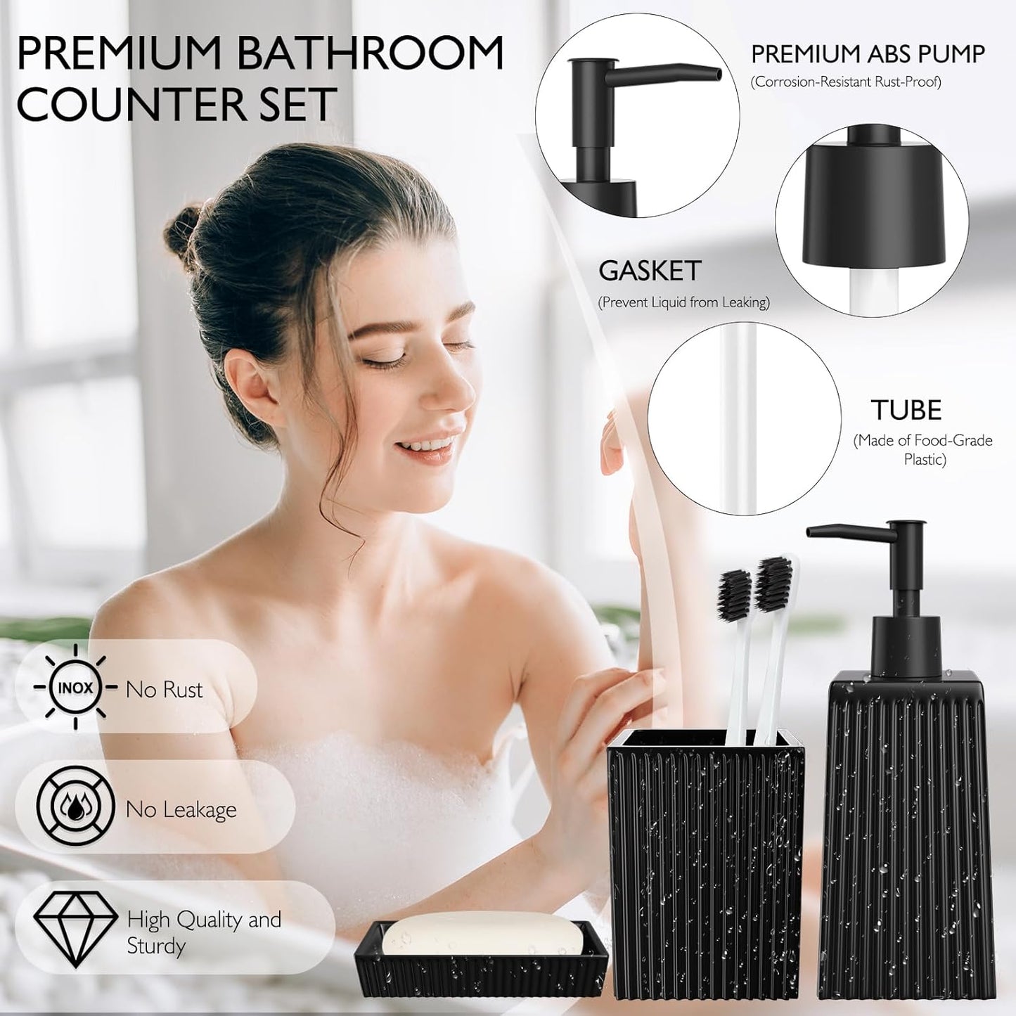 Bathroom Set - Black Bathroom Accessories Set, 5PCS Ceramic Bathroom Accessory Set, Bathroom Sets with Soap Dispenser, Toothbrush Tumbler, Soap Dish, Q-tip Holder & Vanity Tray