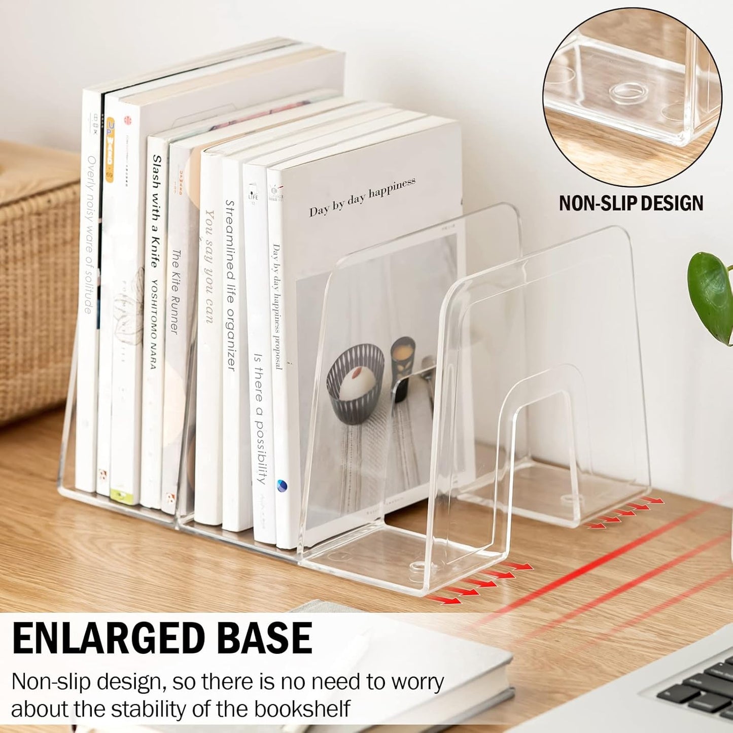 Clear Desktop Book Organizer, Creative Book Stand, Divider Bookshelf for Home School and Office, Non-Acrylic Stand Bookshelves (3 Sections), Transparent, Pack of 2