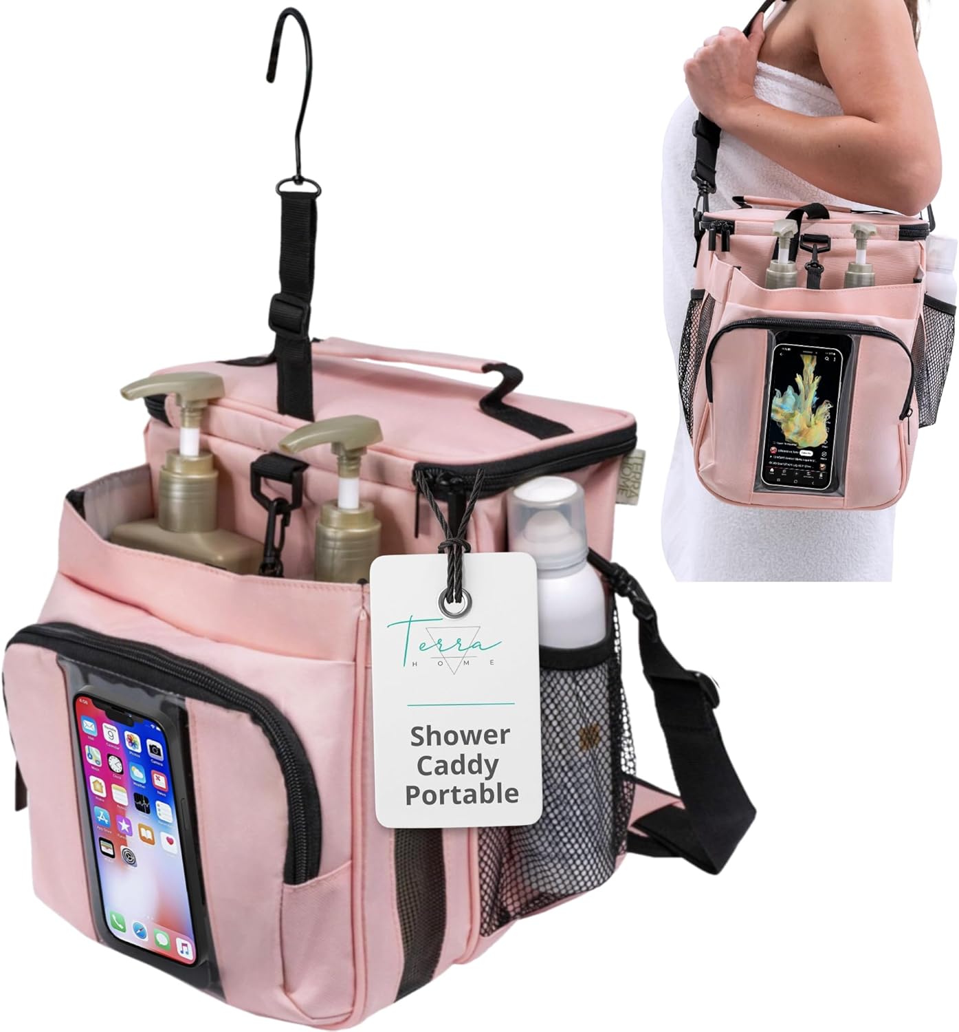 XL Portable Shower Caddy Bag for Girls with Extra Storage, Durable Mesh Bottom, Shoulder Strap, Keychain Holder Shower Caddy Case for College Dorms - Travel Vacation Essentials (Blush Pink)