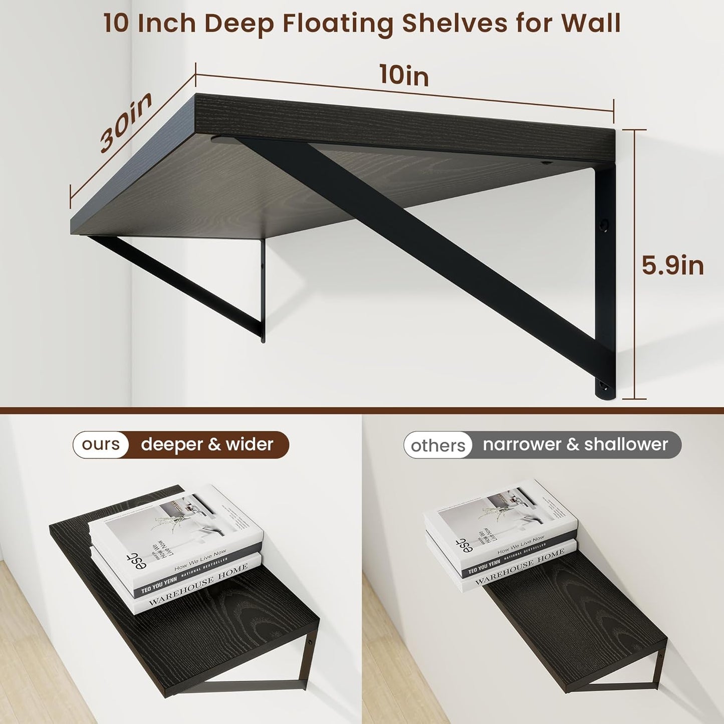 Axeman Black Floating Shelves for Wall - 30 Inch Wide x 10 Inch Deep Floating Shelves Set of 2 -Black Wide Wall Shelves for Living Room Bathroom Bedroom