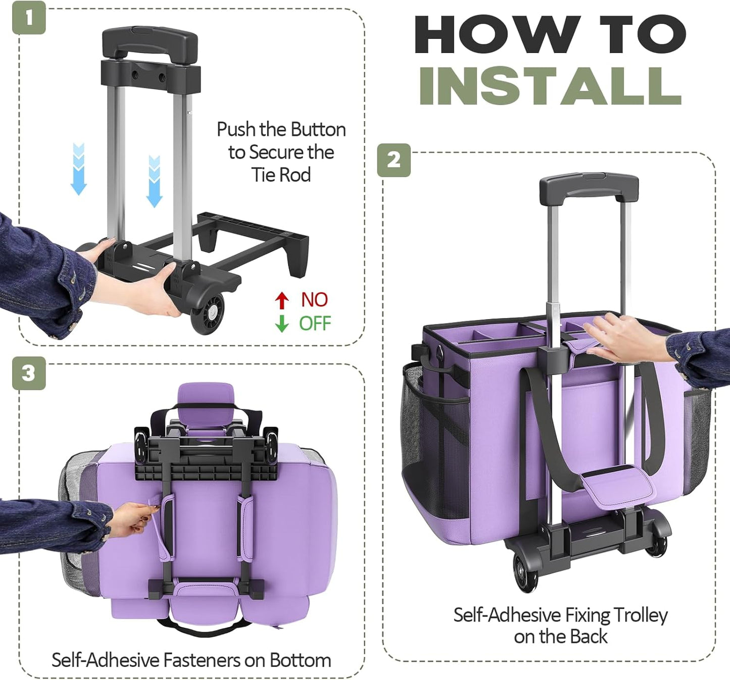 Rolling Cleaning Caddy Bag with Detachable Trolley, Cleaning Supplies Organizer Cart on Wheels, Cleaning Supply Caddy for Housekeepers, Large Professional Detailing Bag Tote for Home, Car (Purple)