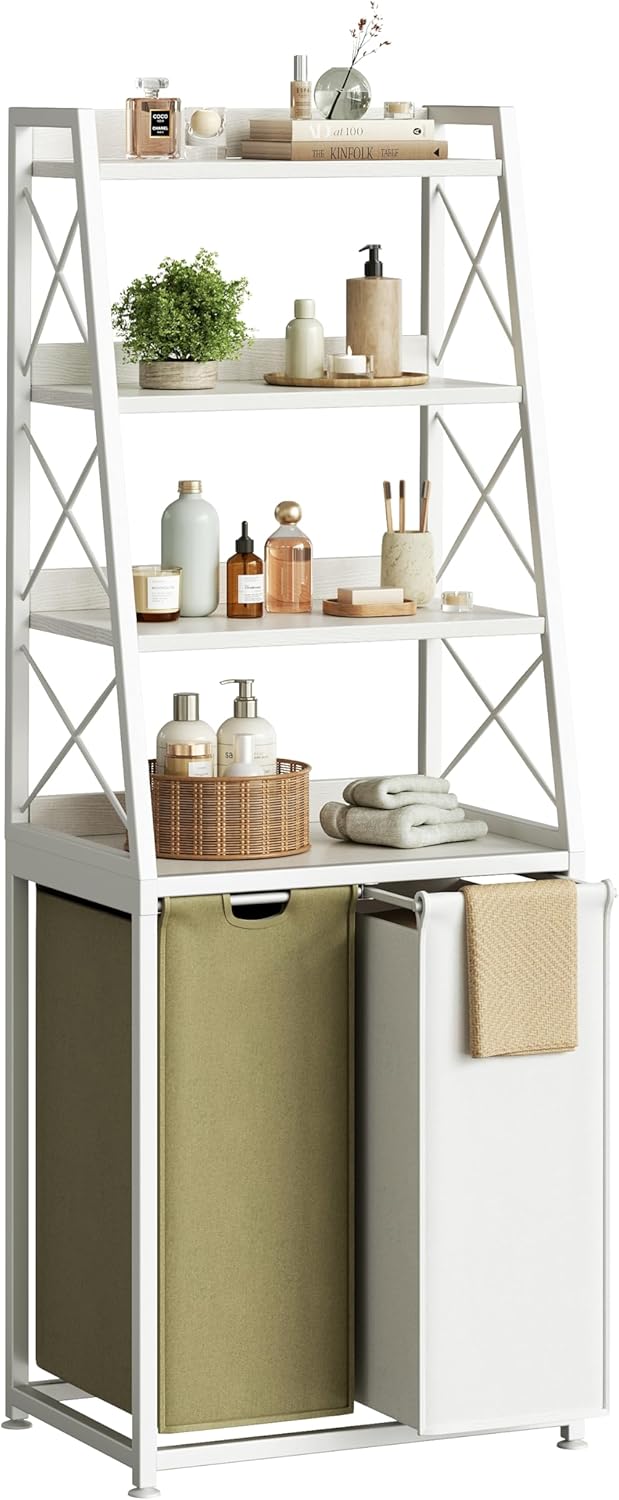 Laundry Basket, 2 Section Laundry Hamper with 4 Tiers Shelf, Pull-Out and Removable Laundry Bags, Large 2 x 15.87 Gallons, for Bedroom Bathroom White PF11XLE