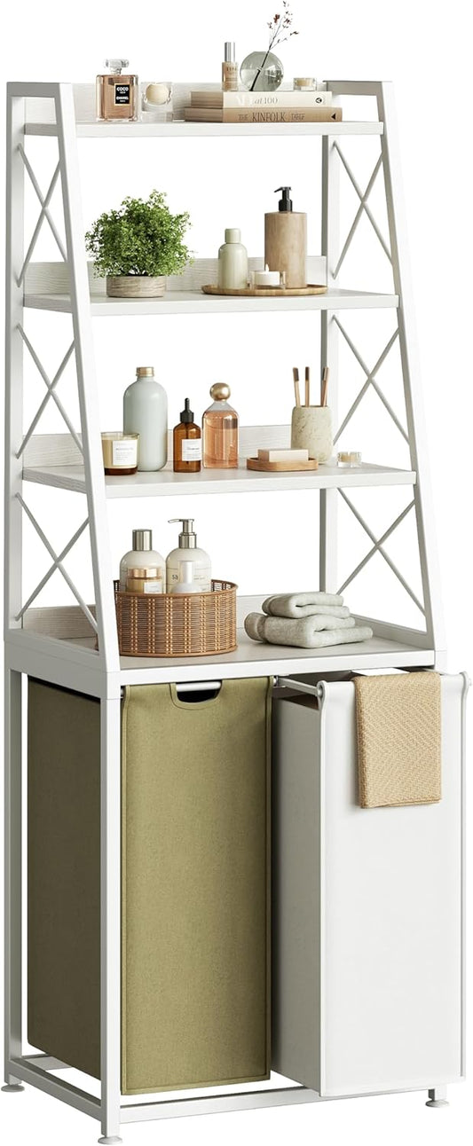 Laundry Basket, 2 Section Laundry Hamper with 4 Tiers Shelf, Pull-Out and Removable Laundry Bags, Large 2 x 15.87 Gallons, for Bedroom Bathroom White PF11XLE