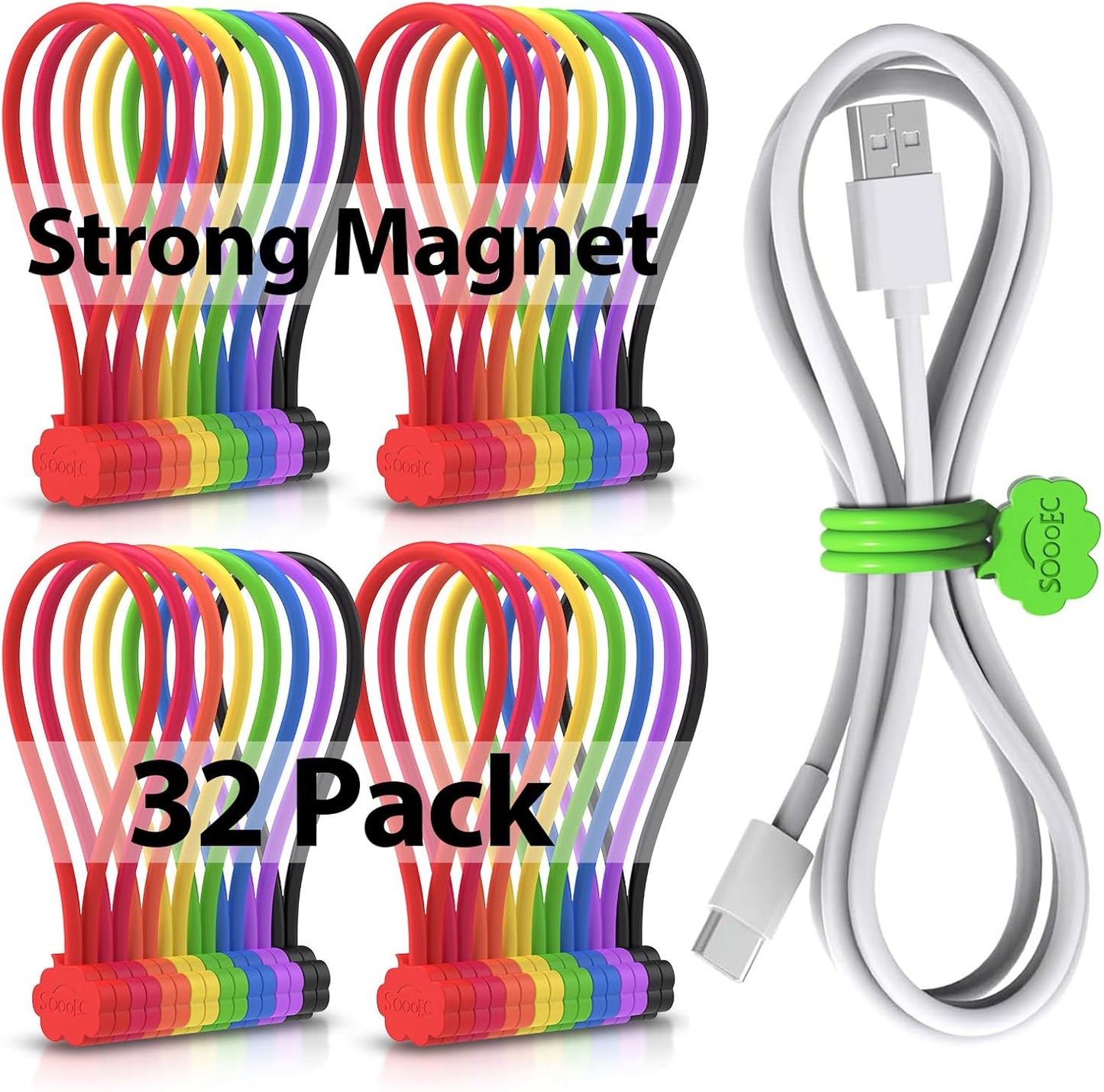 SOOOEC Snap On Magnetic Cable Ties, 32 Pack 7.2" Magnetic Cord Organizer Cute Cloud Design, Silicone Twist Ties with Strong Magnet for Bundling and Cable Management, Fridge Magnets, Assorted Colors.