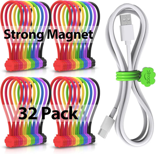SOOOEC Snap On Magnetic Cable Ties, 32 Pack 7.2" Magnetic Cord Organizer Cute Cloud Design, Silicone Twist Ties with Strong Magnet for Bundling and Cable Management, Fridge Magnets, Assorted Colors.