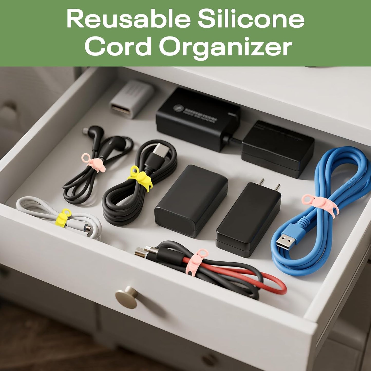 Silicone Cable Ties Reusable, Elastic Wire Organizer Ties, for Charging Cables, Electrical Cords, Computer Wires, USB Data Cable Management, Cord Organizer (6 Colors, 3 Sizes)