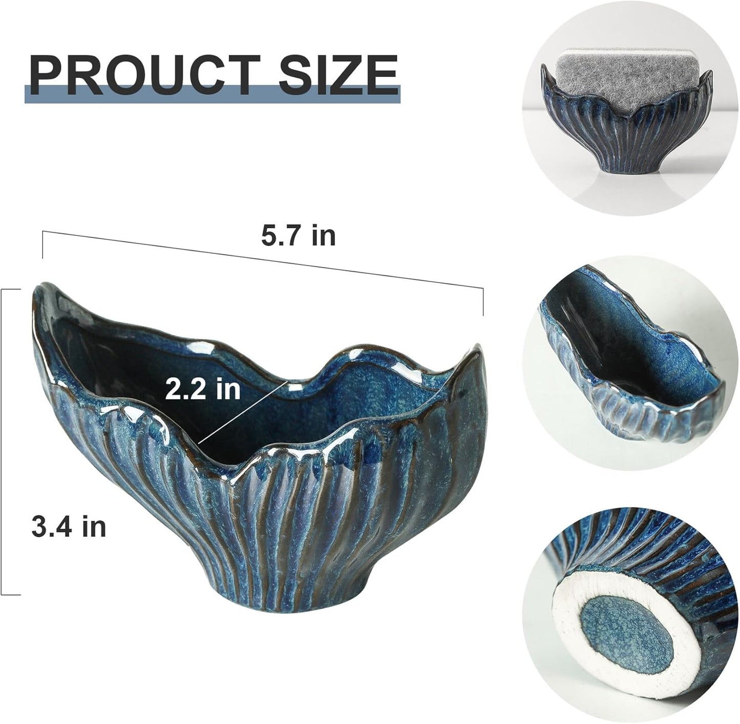 Sponge Holder for Kitchen Sink, Ceramic Sponge Holder with Fishtail Design, Sink Sponge Holders Caddy Organizer for Countertop, Farmhouse Kitchen Decor, Compact Sponge Holders(Blue)