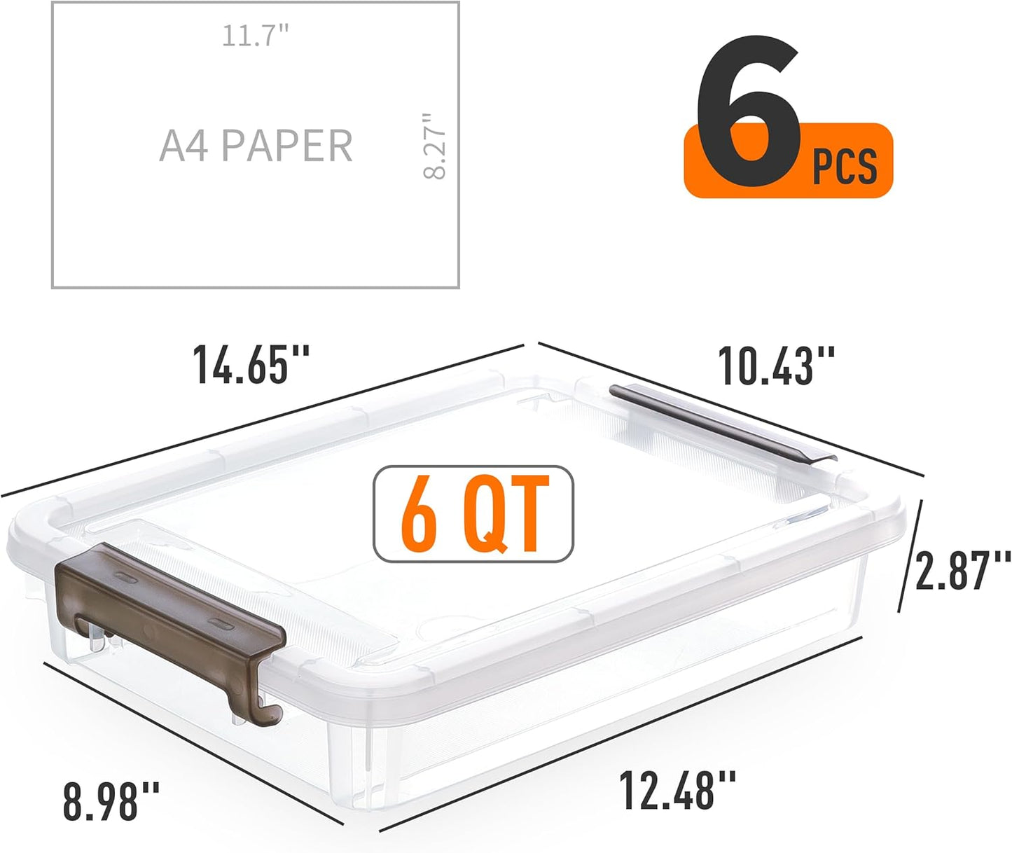 Citylife 6 PCS Clear Plastic Container Clip Box with Latching Lids, Stackable Document Paper Protectors Organizer Container for Office, Home, and School Supplies