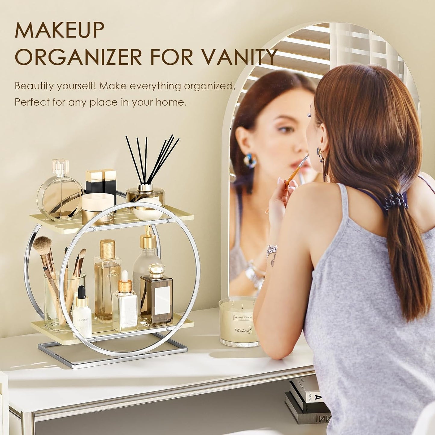 Perfume Organizer for Dresser, 2-Tier Bathroom Counter Organizer, Elegant Makeup Organizer for Vanity, Multi-Purpose Cosmetics Skincare Organizers Countertop (Silver Frame & Cream White Tray)