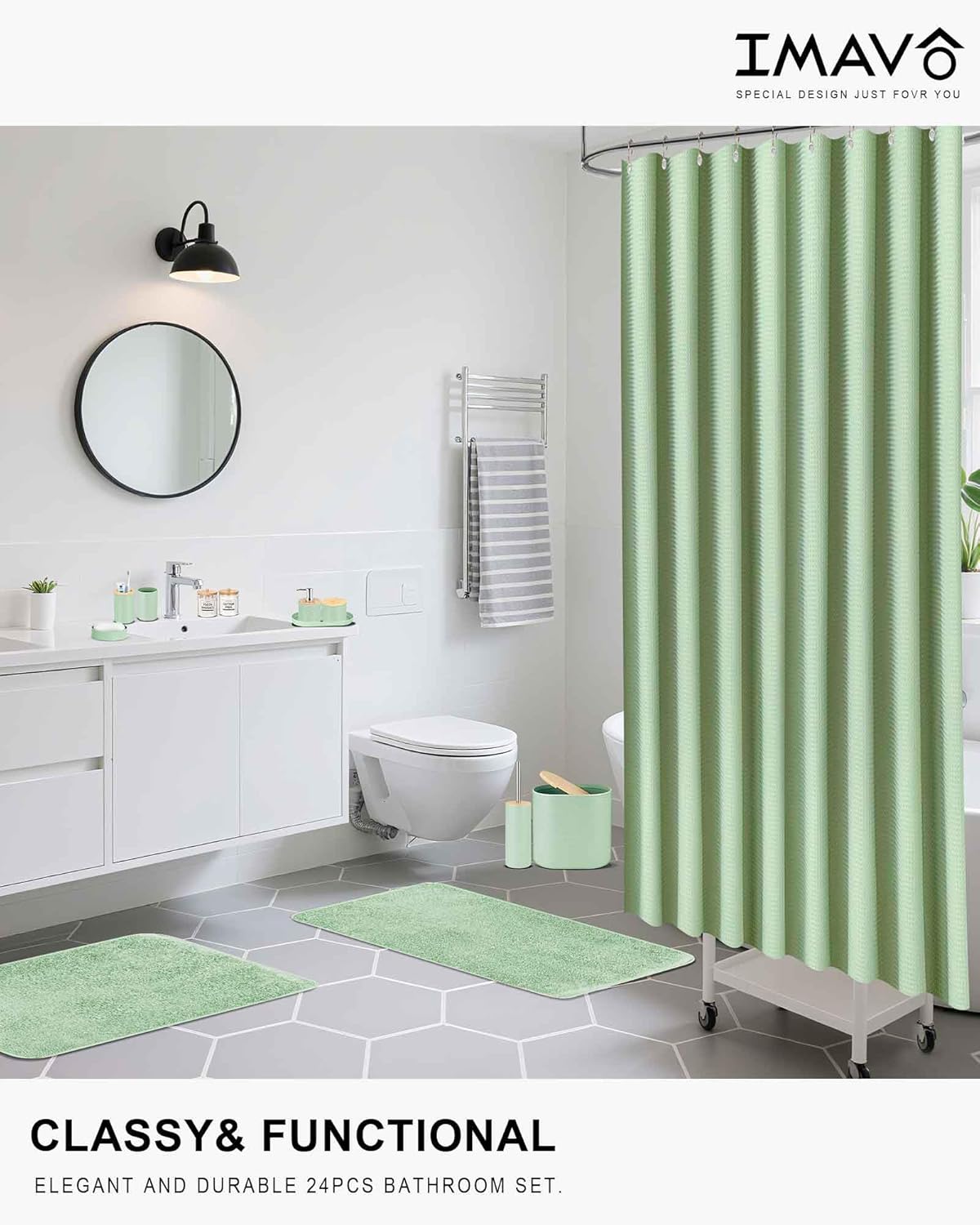 IMAVO Green Bathroom Set,26Pcs Bathroom Accessories Set with Waffle Shower Curtain,Rugs,Trash Can,Tray,Soap Dispenser,Soap Dish,Toothbrush Holder,Toothbrush Cup,Toilet Brush Holder and Qtip Holders