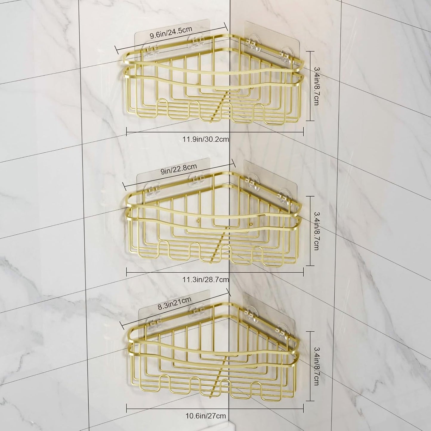 Gold corner shower caddies with depth caddy and Built in 12 hooks rustproof wall mounted No drilling No marring adhesive bathtub corner organizer for bathroom kitchen and laudry room