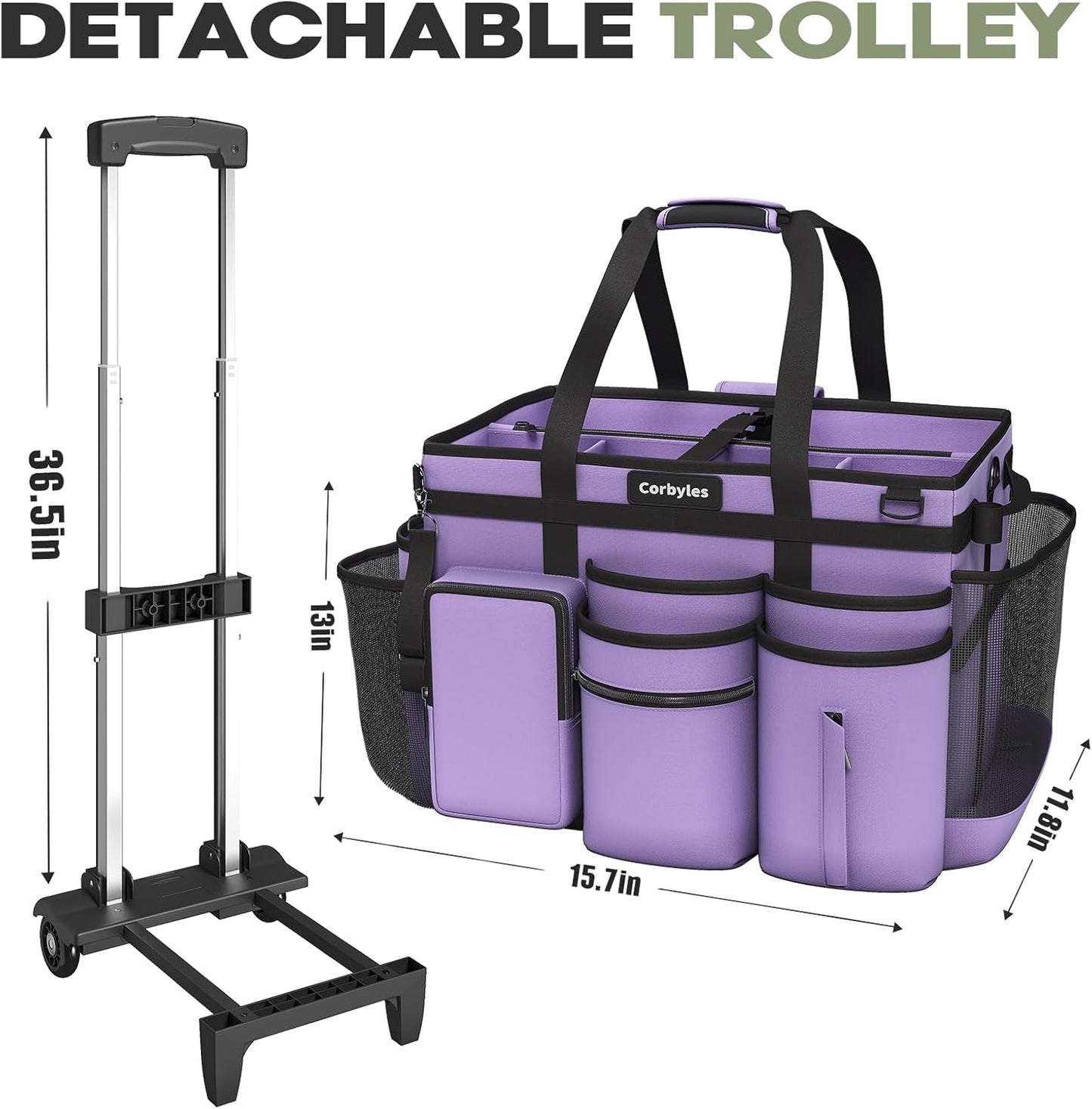 Rolling Cleaning Caddy Bag with Detachable Trolley, Cleaning Supplies Organizer Cart on Wheels, Cleaning Supply Caddy for Housekeepers, Large Professional Detailing Bag Tote for Home, Car (Purple)