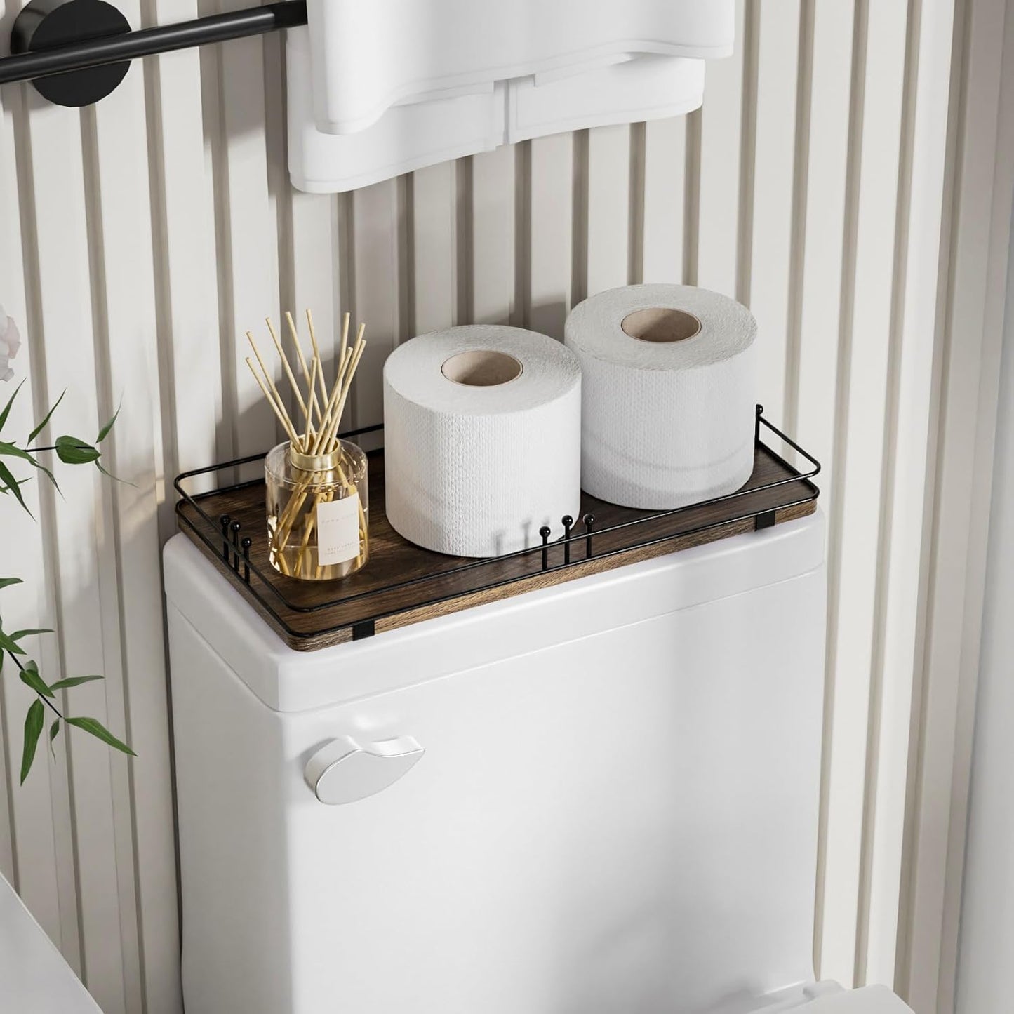 Toilet Paper Basket, Bathroom Basket for Counter Toiletries Towel Decor, Toilet Tank Tray, Guest Back of Toilet Organizer Storage, Vanity Tray for Perfume Makeup, Kitchen 13”x6.5” Brown-Black