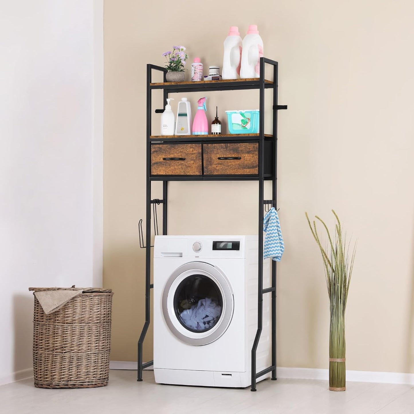 YBING Over The Toilet Bathroom Storage Cabinet for Freestanding, Above Toilet Shelf with Fabric Drawer, Tall Bathroom Shelf Organizer with Toilet Paper Holder, Brown