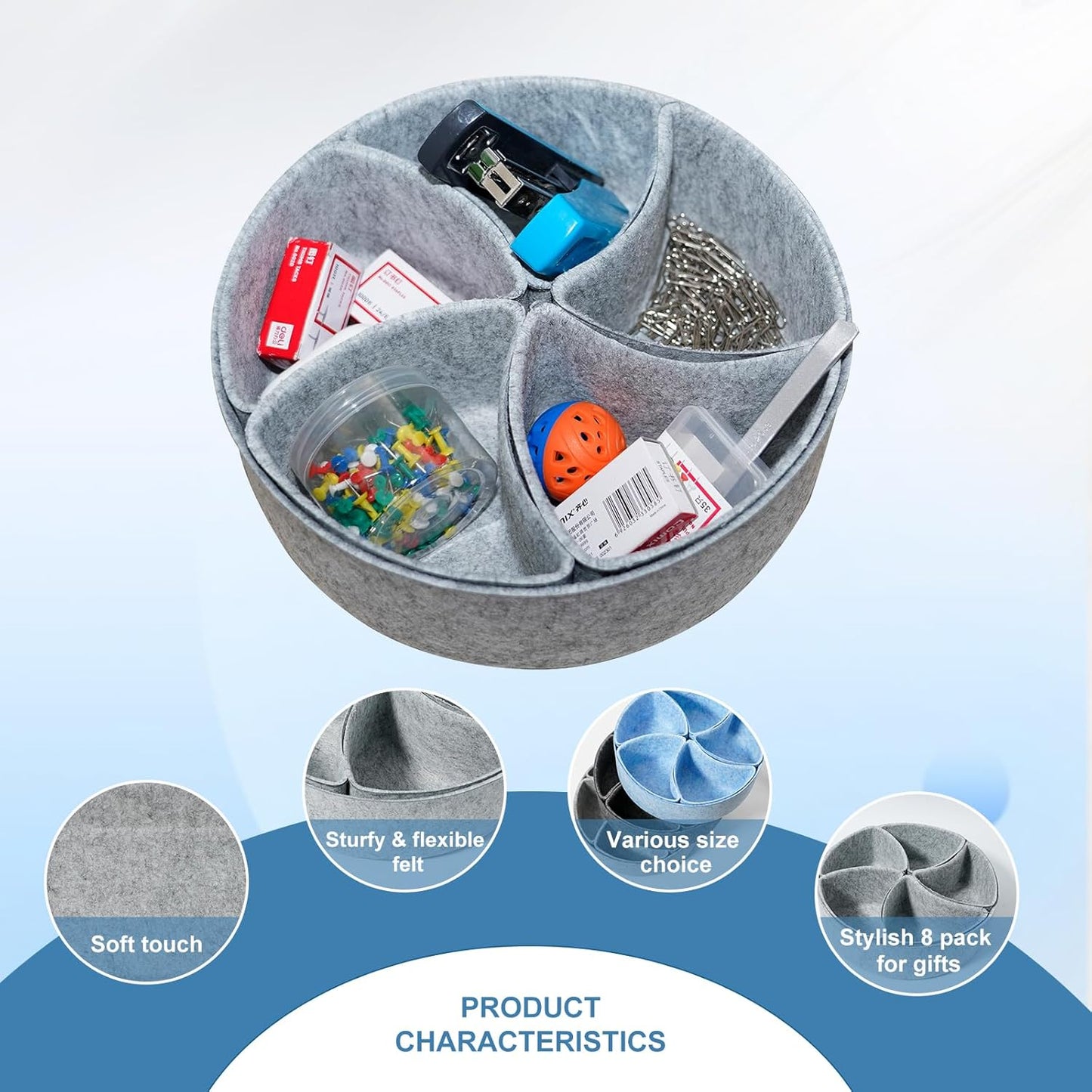 Felt Desk Drawer Organizer Tray,8 Pack Office Desk Drawer Dividers,Felt Drawer Round Storage Box For Saving Space,Makeup Drawer Organizer Bins.(Light Gray)