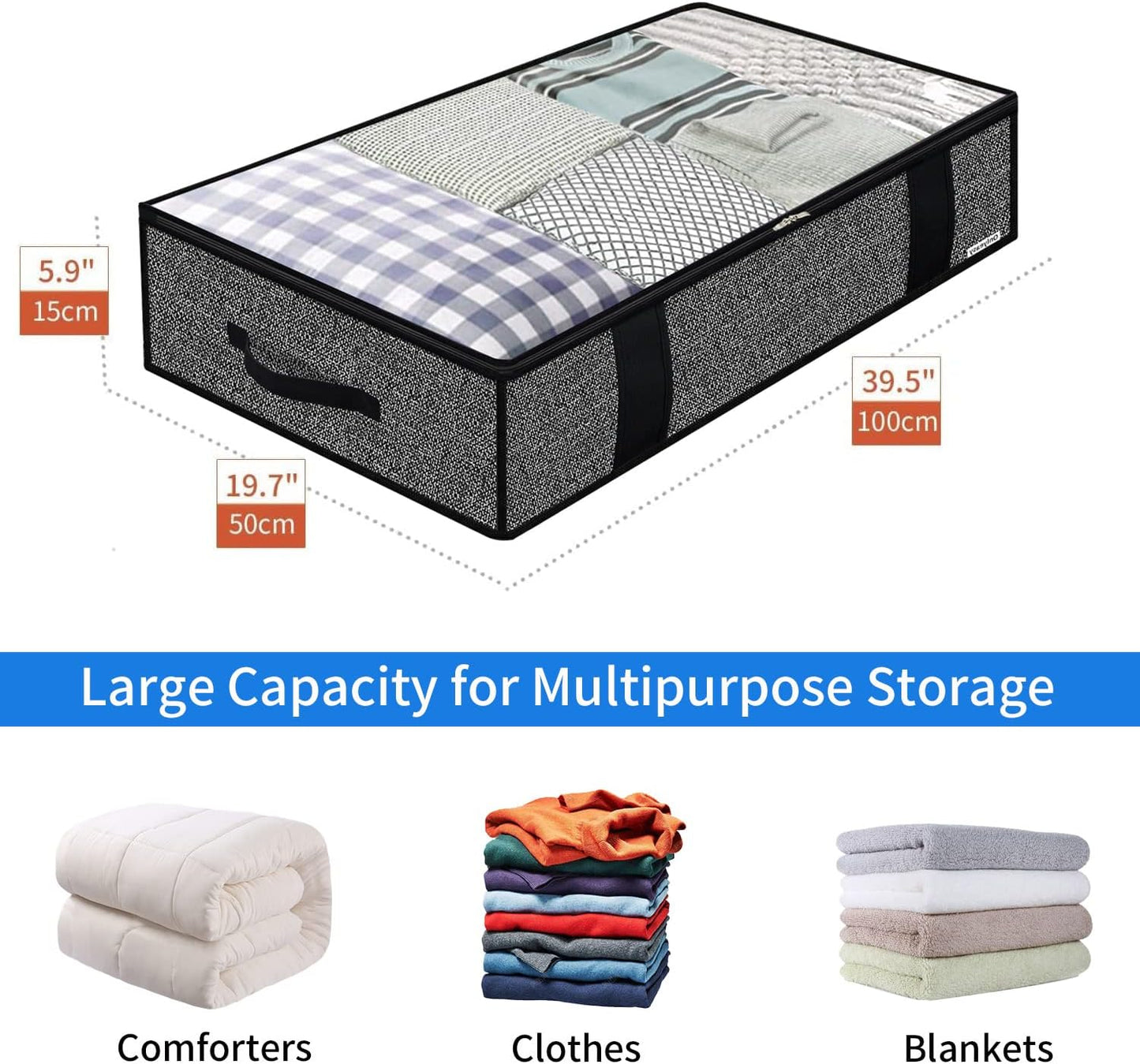 Onlyeasy 4 Pack Under Bed Clothes Storage Bags Organizer with Reinforced Handles and Zippers, Foldable Underbed Storage Container Bags for Blankets, Comforters, Bedding, Linen-like Black, MXAUBBP4
