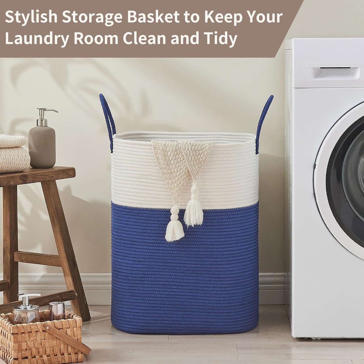 Laundry Basket with Handles - Blanket Basket & Hampers for Bedroom Aesthetic, Laundry Hamper & Blanket Storage for Living Room, Clothes Hamper, Tall, Large 17" x 14" x 23”, White & Dark Blue