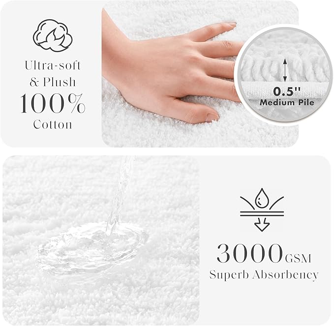 Madison Park Splendor Reversible 100% Cotton Tufted Bathroom Rug-3000 GSM Hotel Quality Luxurious Plush Medium Pile Bath Mat Absorbent, Quick Dry, Shower Room Décor, 21x34, White