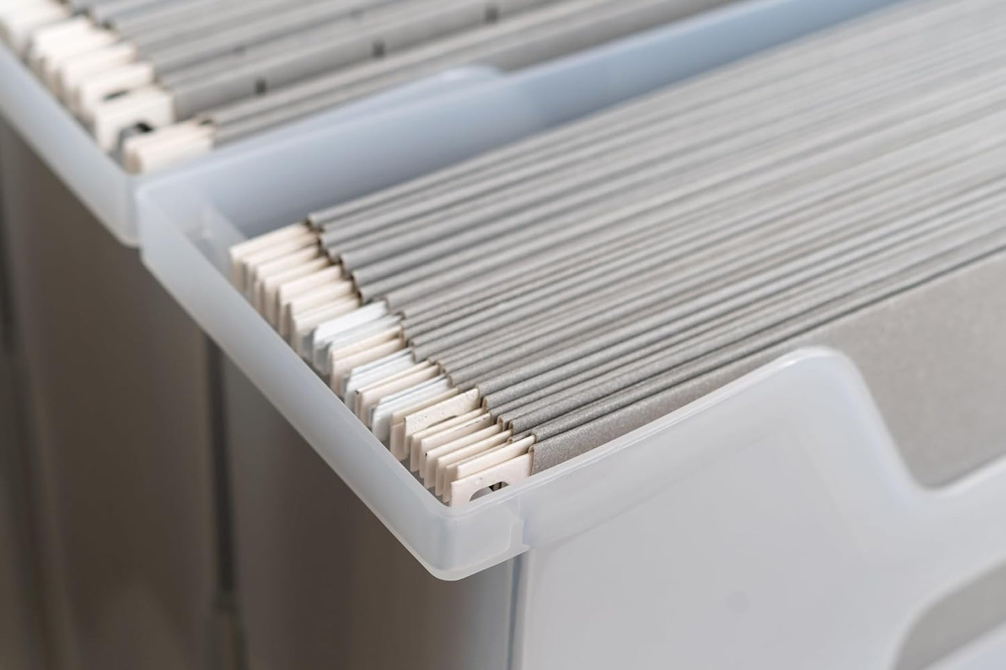 IRIS USA Small Portable Desktop File Box with Open Top, Side Handles, Hanging File Folders, Tabs & Inserts, Letter Size, For Magazines Newspapers Mail Books Notebooks Binder Homework, Clear