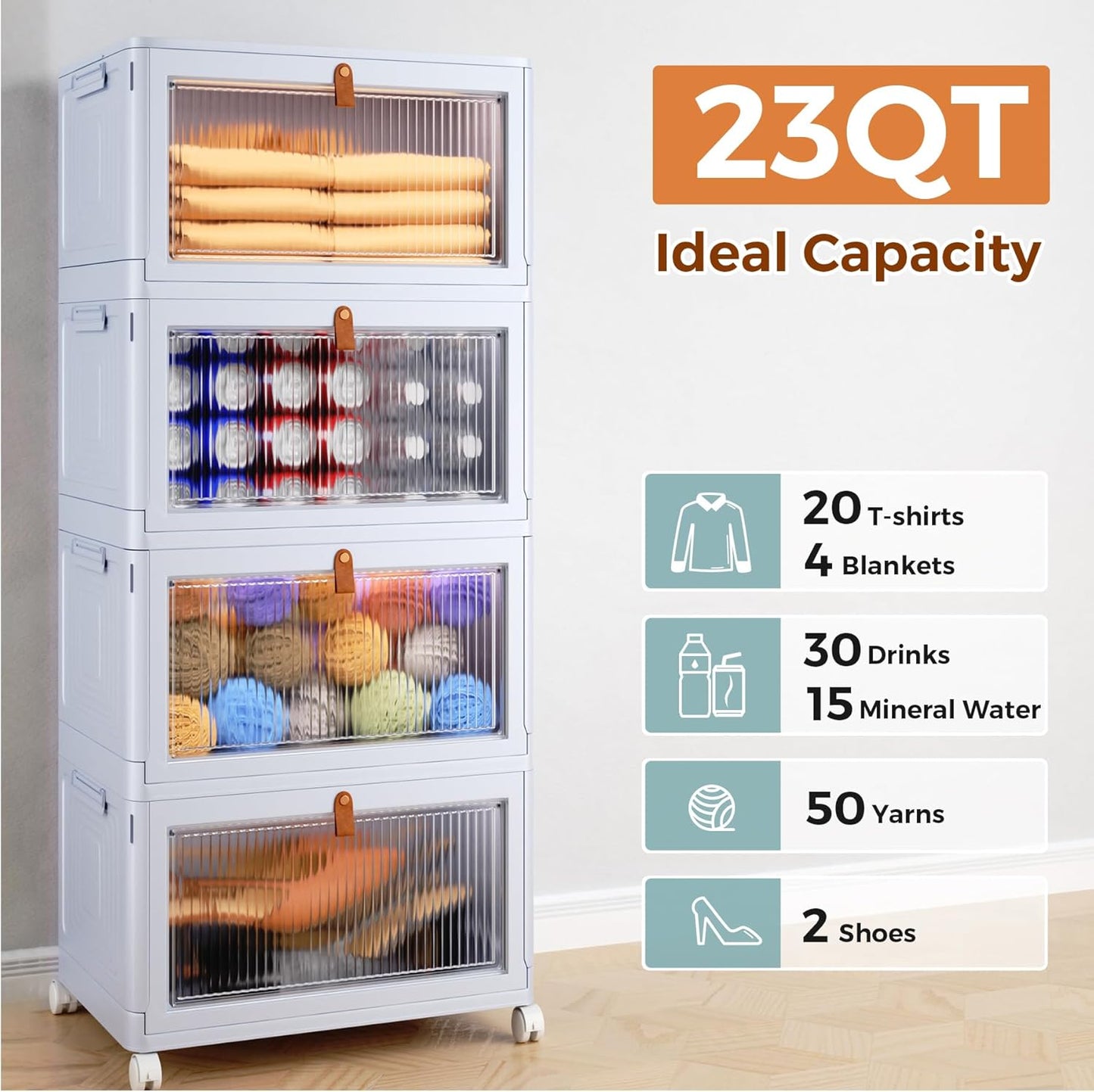 4 Tier Stackable Plastic Storage Bins with Lid and Wheels - 23 QT Closet Organizers and Storage, Foldable Storage Containers, Organization and Storage Boxes for Craft, Home, Pantry, Dorm, Grey