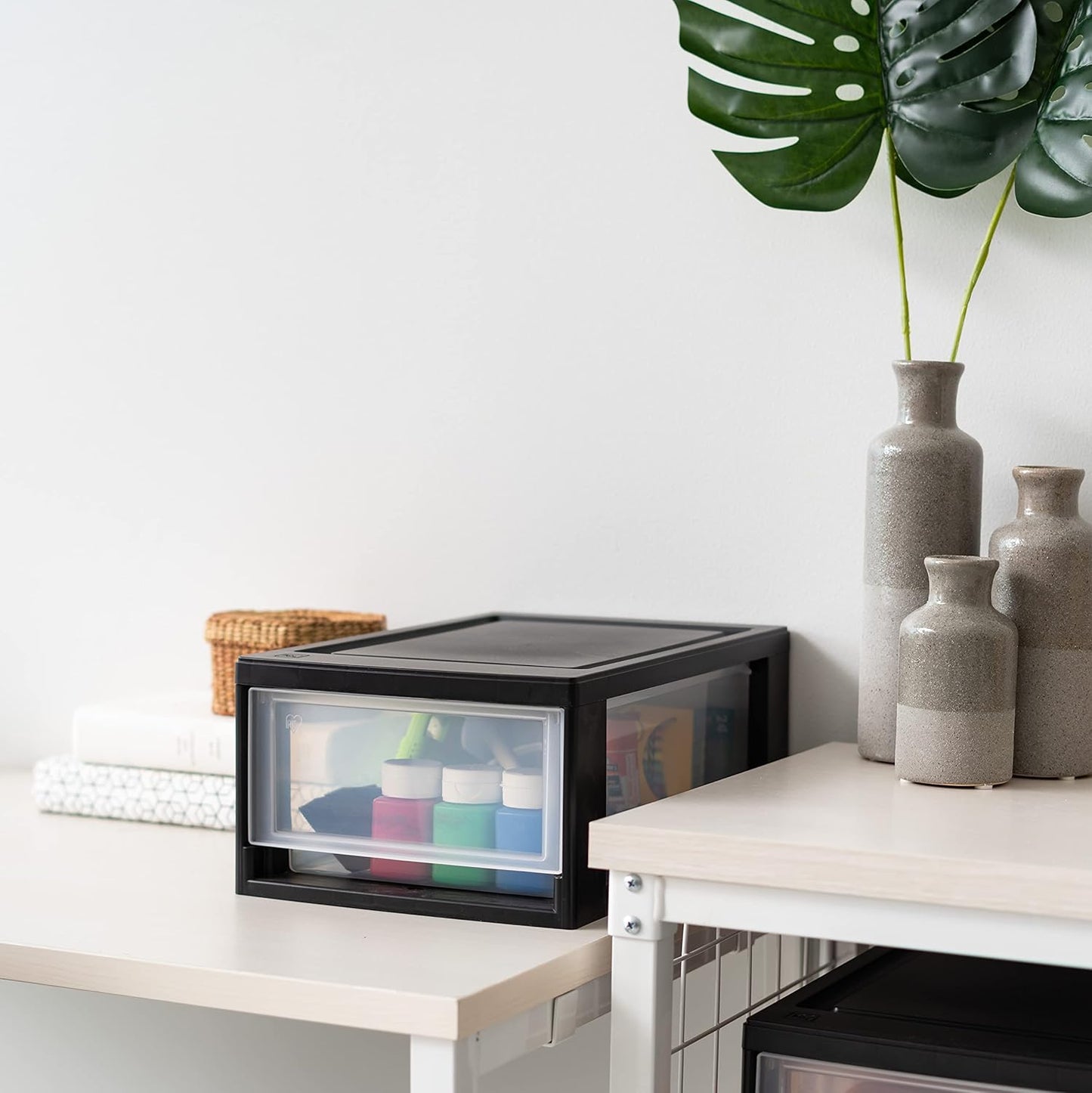 IRIS USA 6 Qt. Plastic Drawer Storage Organizer Stacking Drawers, 2-Pack, Stackable Unit with Sliding Drawer for Bedroom Kitchen Under Sink Pantry Craft Room Bathroom Dorm Office, Black