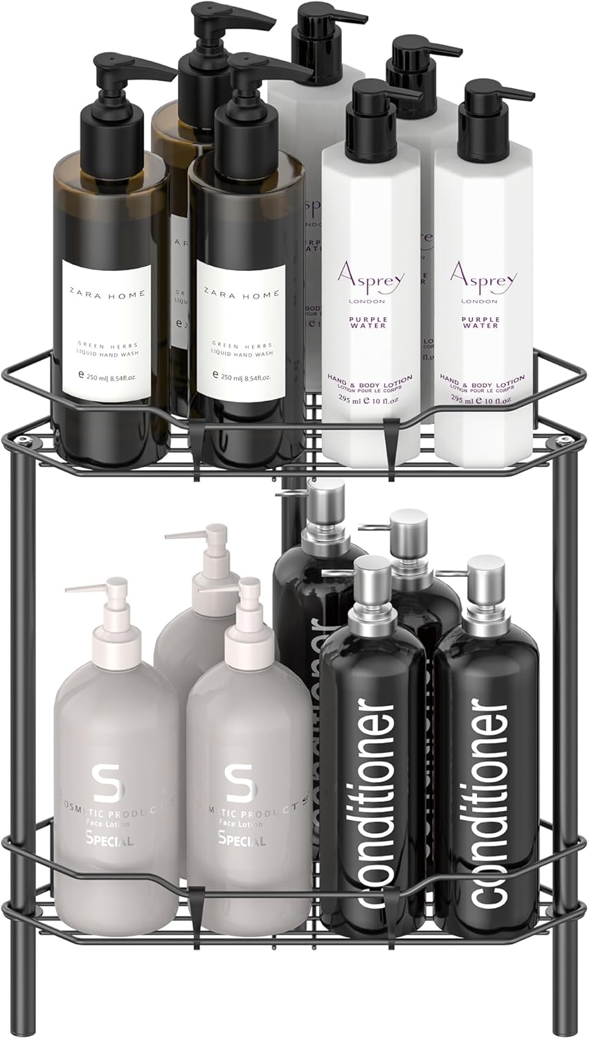 2 Tier Floor Standing Corner Shower Caddy Organizer Shelf with Hooks, Bathroom Shelves Stand Rack, Matt Black