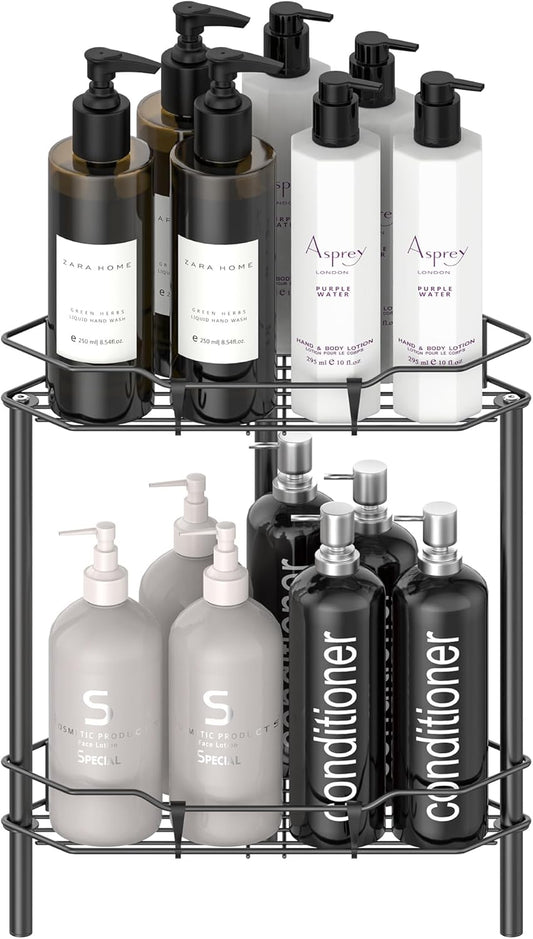 2 Tier Floor Standing Corner Shower Caddy Organizer Shelf with Hooks, Bathroom Shelves Stand Rack, Matt Black