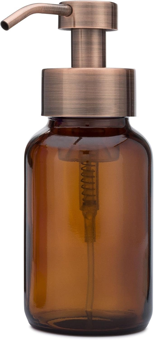 Rail19 Amber Glass Apothecary Foaming Soap Dispenser with Metal Pump - for Kitchen and Bathroom Countertop, 8.5oz (Copper)