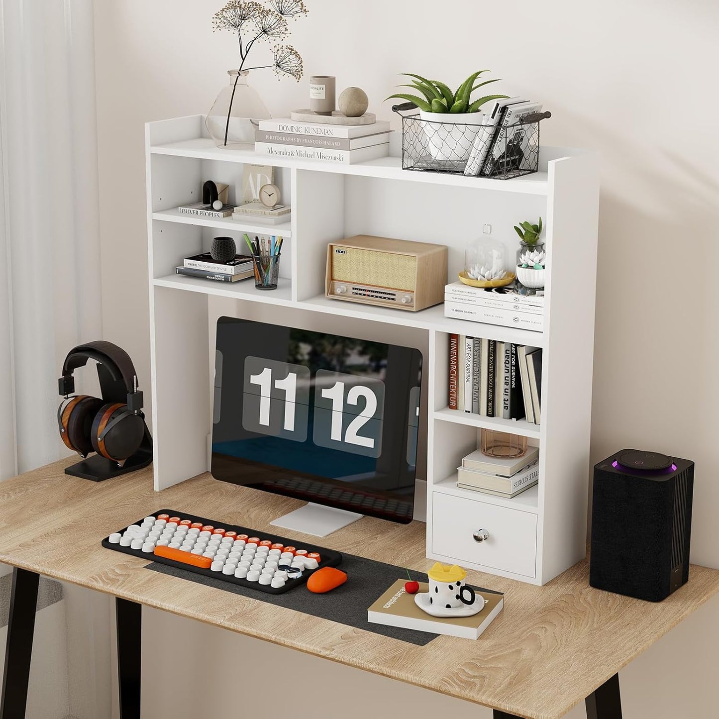 ELECWISH Desktop Bookshelf, Desk Shelf with Drawer for Computer Desk, 35.04" 6-Tier Adjustable Desktop Hutch Organizer for Home Office, White