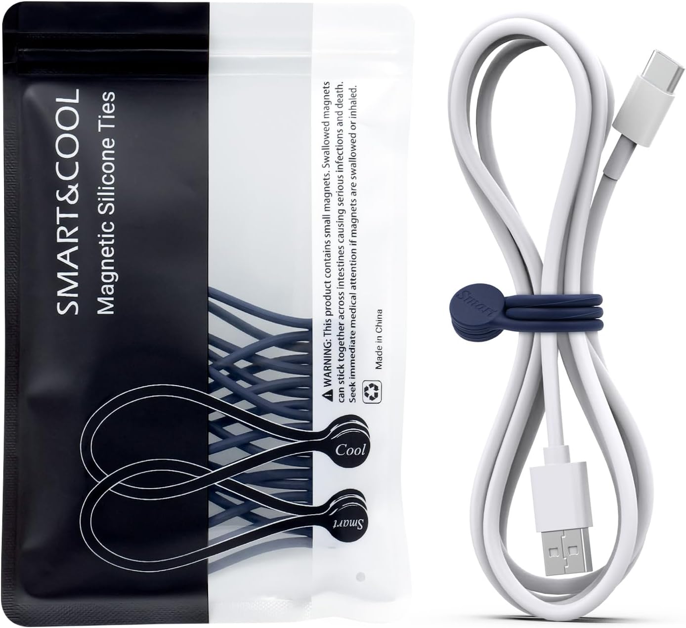 SMART&COOL Reusable Silicone Magnetic Cable Ties for Bundling and Organizing, Holding Stuff, Book Markers, Fridge Magnets, Assorted Color, 7.16'' (10-Pack, Grey)