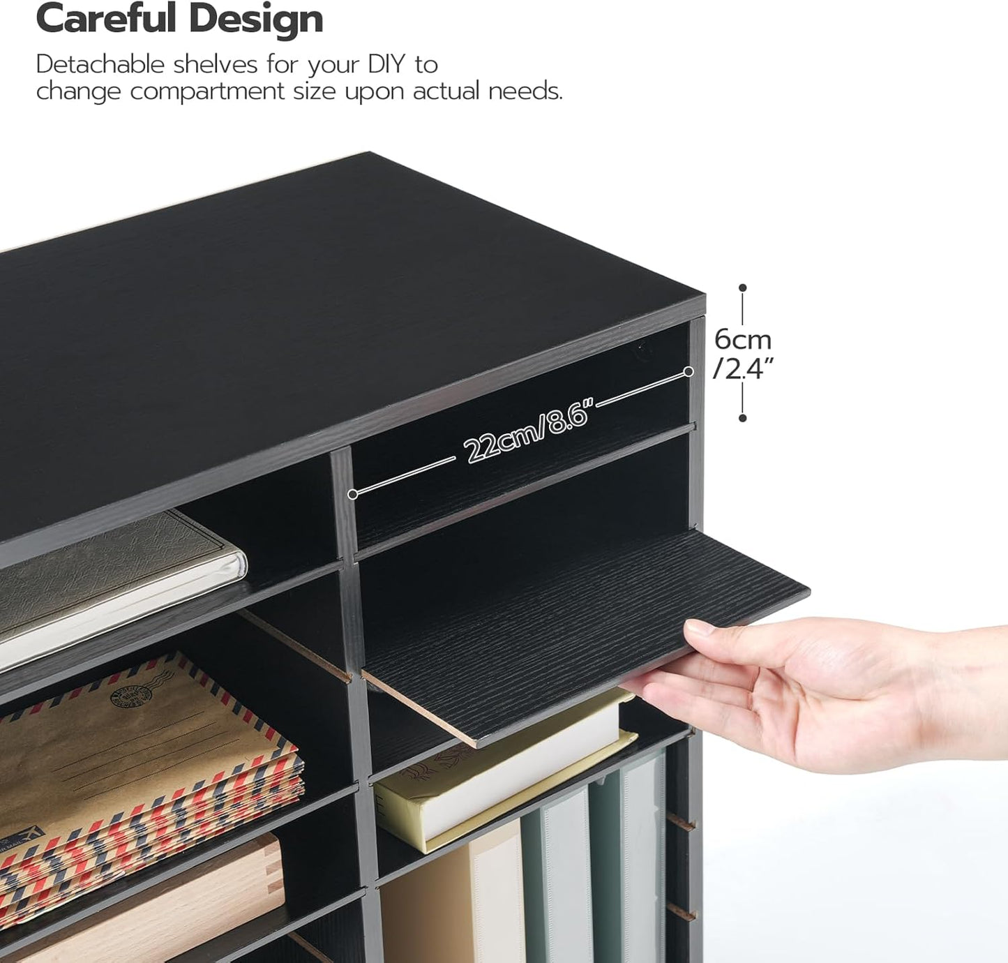 HOOBRO Literature Organizer, 27 Compartments Wooden Mail Organizer, Countertop Literature Sorter with Adjustable Shelves for Home, Office, School, Student Mailbox for Classroom, Black BK27WF01