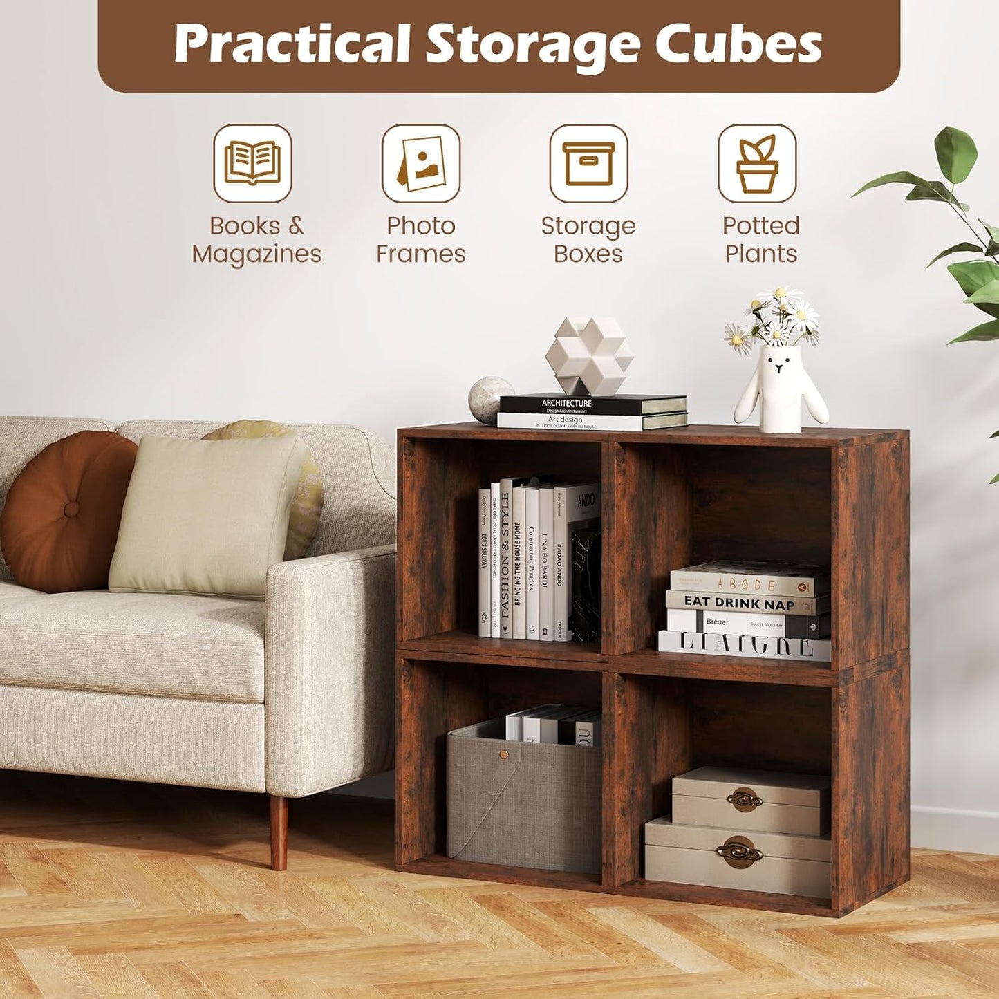 Stackable Cube Bookshelf, Modular Cubby Storage Organizer, Small Bookcase for Small Spaces, Combination Cubical Shelf, Wooden Display Shelving Unit (Rustic Brown, 4-Cube)
