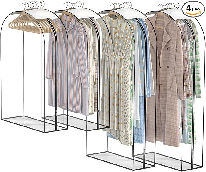 Upgraded Thickened Clear Garment Bags for Hanging Clothes 4 Packs, 10“ Gusseted Clothes Hanging Storage Bags for Closet, Shirts, Coats, Dresses (43 & 60 inch)