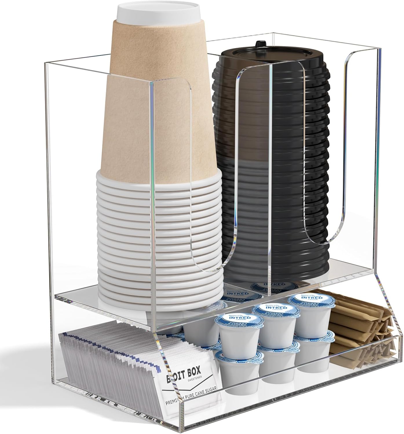 AITEE Acrylic Coffee Station Organizer for Countertop, Holds 20 Cups, All-in-One Coffee Cup and Lid Holder with Condiment Storage for Office Breakroom and Home Kitchen, Clear
