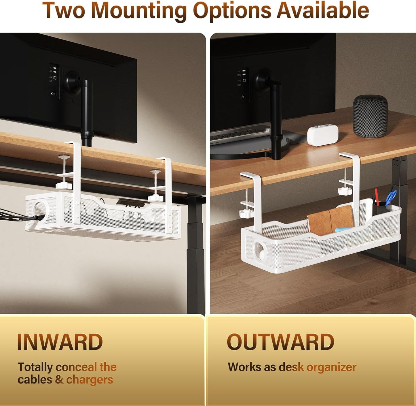 [Upgraded] Under Desk Cable Management Large, Cinati 16" Cable Management Box for Table Thickness up to 3", Wire Cord Organizer with Clamp No Drill, No Damage to Desk (White)