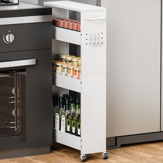 Slim Storage Cart, 4 Tier Rolling Kitchen Cart on Wheels for Small Space, Narrow Laundry Bathroom Organizers Mobile Shelving Unit Metal Utility Cart with Handle, 5.9in Width, White