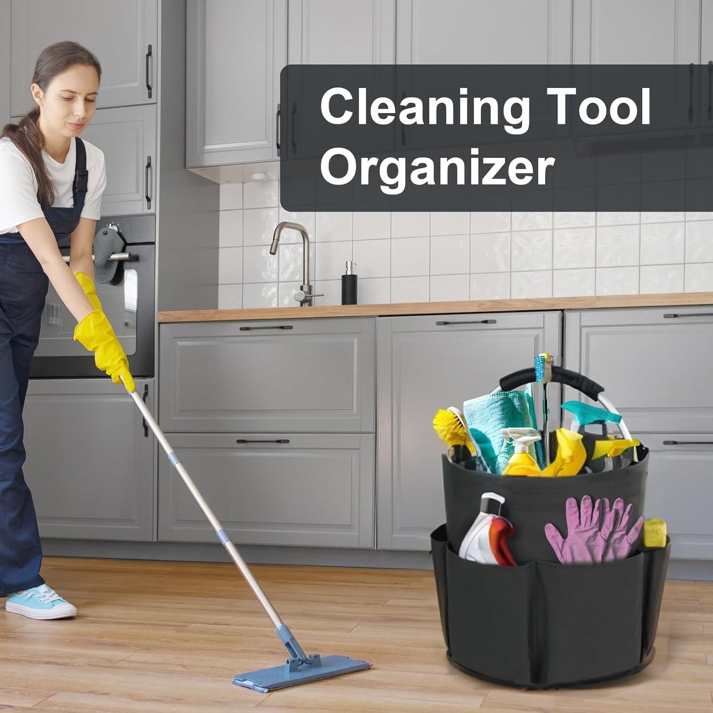 Cleaning Caddy with Handle, Cleaning Products Organiser, 17L Foldable Storage Basket, Cleaning Caddy Organiser, Portable Multi Cleaning Bucket Bag for Home, Garden (Black)