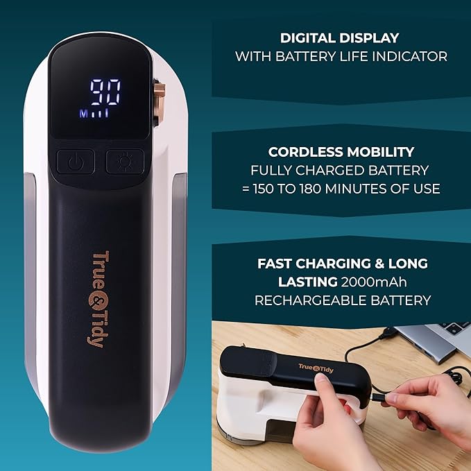 True & Tidy XL Rechargeable Fabric Shaver with Light, 6-Leaf Steel Blades, 3-Speed Motor, LED Digital Display, Lint Remover for Clothes, Furniture & Upholstery (White, Turbo)