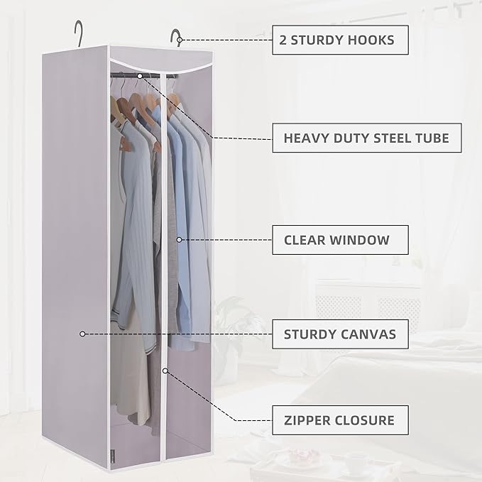 STORAGE MANIAC 2-Pack Hanging Garment Bag Zipper Cover with Sealed Clear Window, Long Garment Cover for Closet Storage Wardrobe Clothes Protector, Large Garment Storage Bag for Dresses,Suits, Grey