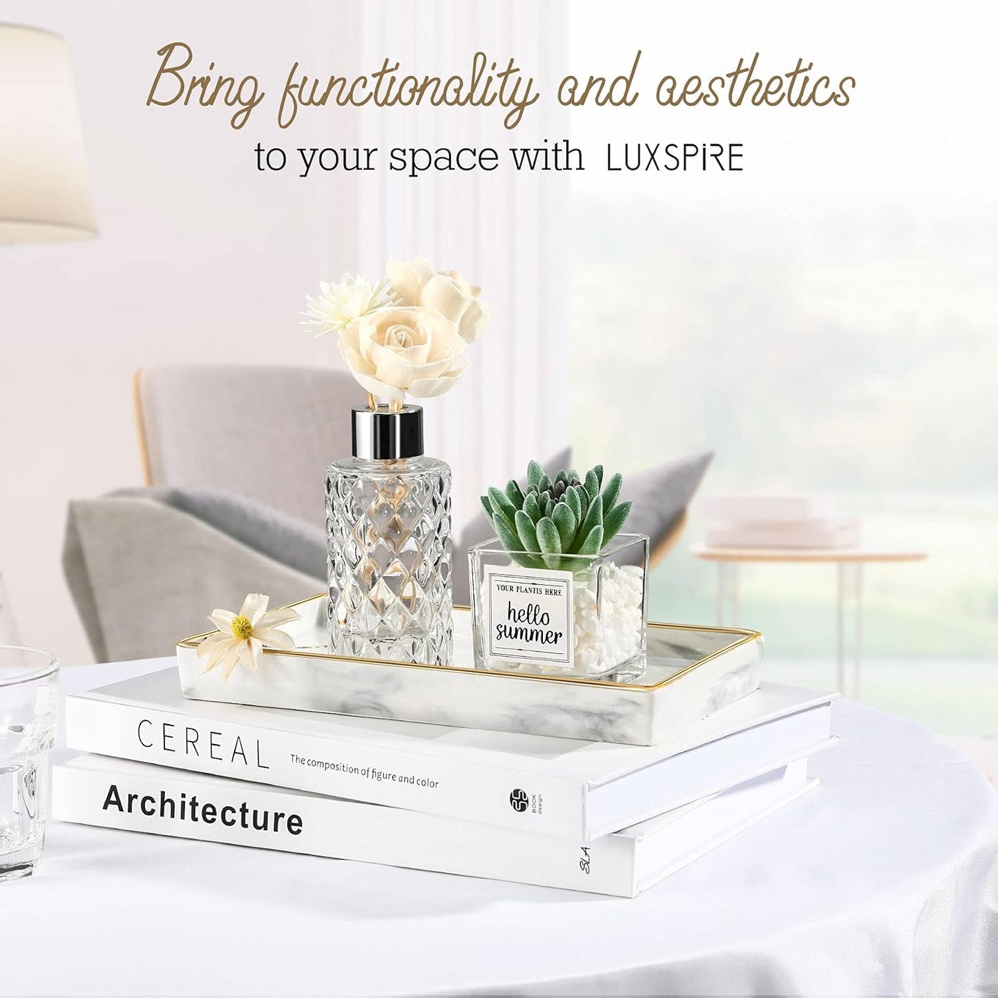 Luxspire Vanity Tray, Marble Ceramic Jewelry Dish Tray, Bathroom Tray with Golden Edged Home Décor, Countertop Organization Bathroom Holder Organizer for Candles, Perfume - Marble White