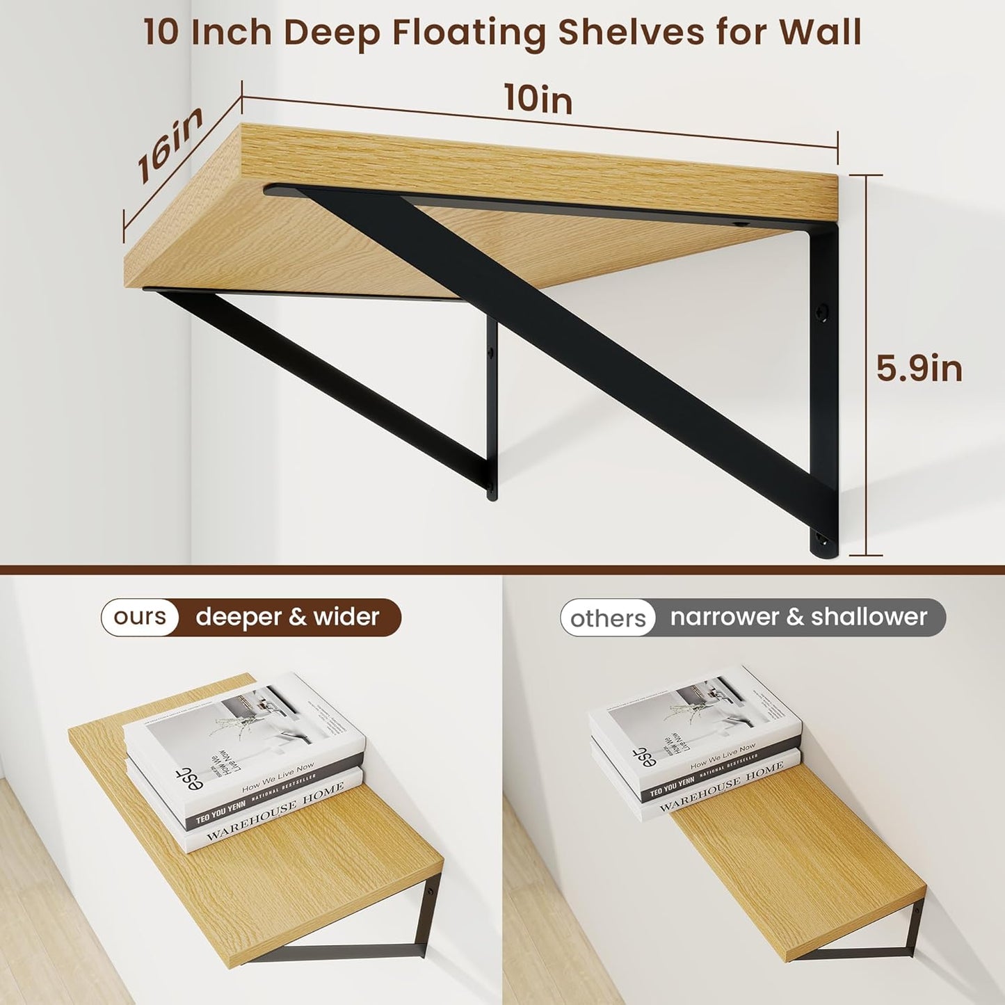 Axeman Deep Floating Shelves for Wall - 10 Inch Deep Floating Shelves Set of 2-16" W x 10" D Oak Wall Shelves for Living Room Bathroom Bedroom