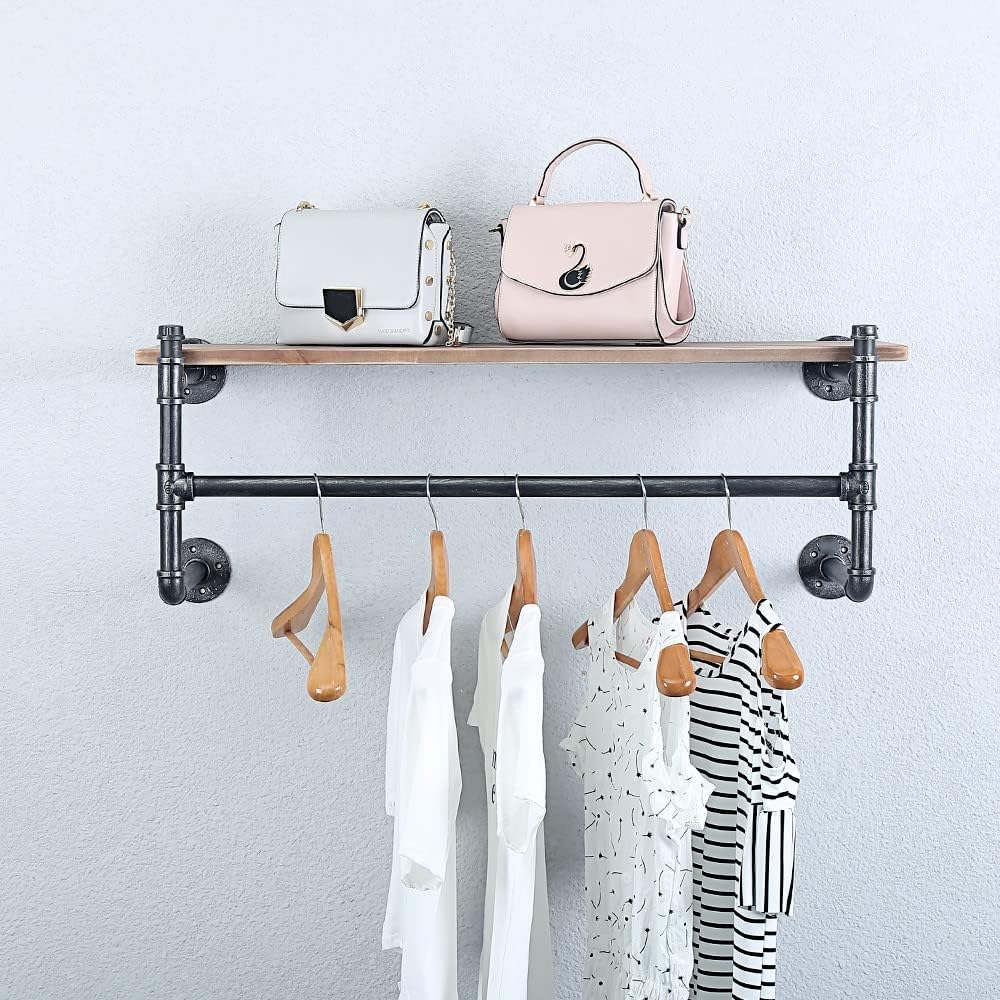 Industrial Pipe Clothing Rack Wall Mounted with Real Wood Shelf,Pipe Shelving Floating Shelves Wall Shelf,36in Retail Clothes Racks Display Rack