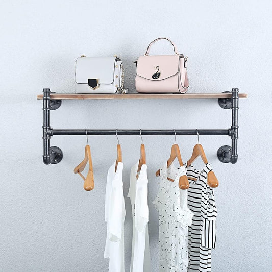 Industrial Pipe Clothing Rack Wall Mounted with Real Wood Shelf,Pipe Shelving Floating Shelves Wall Shelf,36in Retail Clothes Racks Display Rack