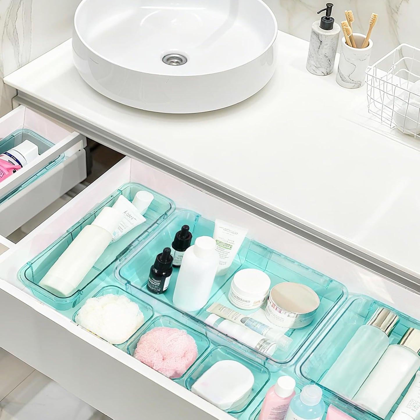 20 Pcs Adjustable Clear Drawer Organizer, Extendable Vanity Storage Bins, Desk Drawer Organizer Set for Makeup, Cosmetics, Bedroom, and Gadgets, Blue