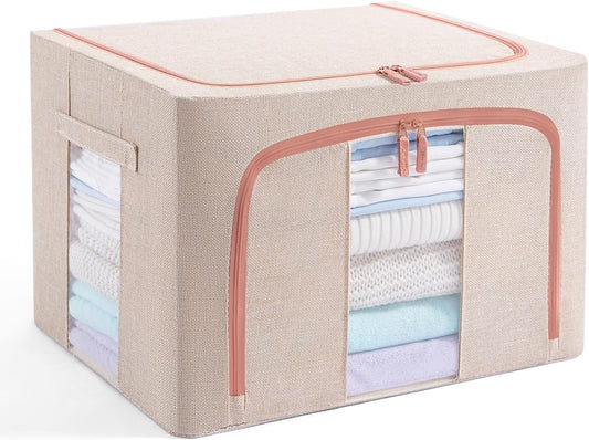 100L Stackable Clothes Storage Bins with Metal Frame Handles & Zipper, Collapsible Closet Organizer Box with Lid for Bedding Blankets Towel (Beige,1 pack)