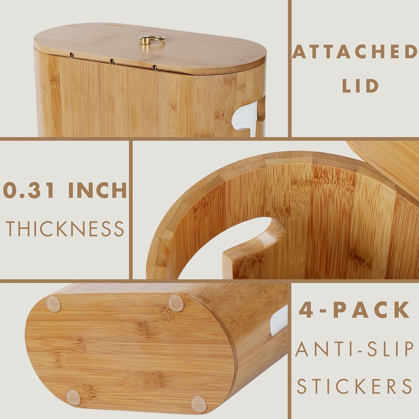 Gobam Bamboo Toilet Paper Storage with Dual-Use Lid, Freestanding Bathroom Tissue Organizer with Viewing Slot, Built-In Handle, Anti-Slip Base, Compact Toilet Paper Holder Stand for up to 6 Mega Rolls