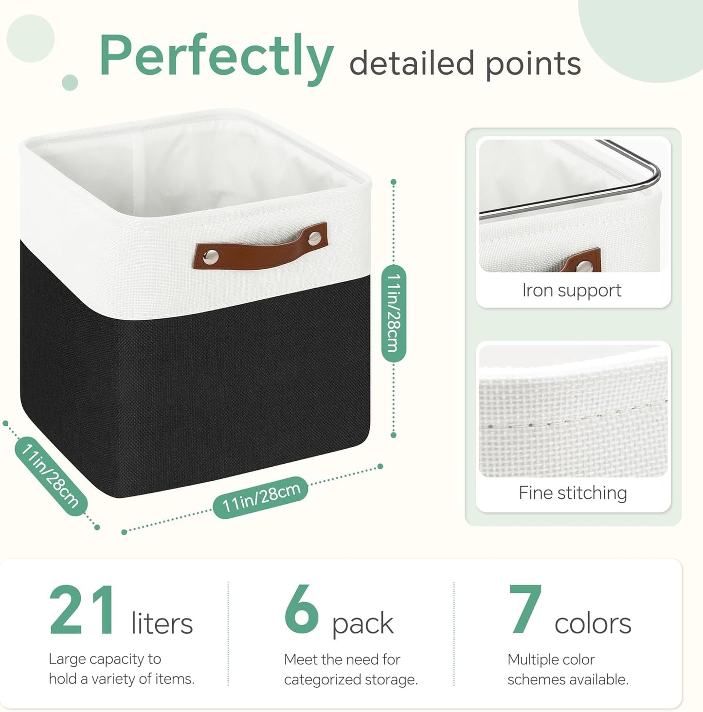 Cube Storage Baskets 6 Pack, 11x11 inch Foldable Cube Storage Bins with Leather Handles for Shelf Closet Nursery Toys (White/ Black)