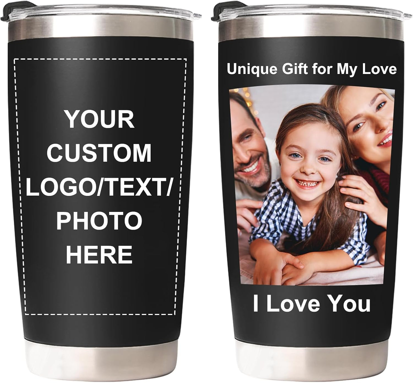 Personalized Coffee Tumbler with Pictures Text, 20oz Custom Insulated Stainless Steel Tumbler, Customized Christmas Birthday Gifts for Women Men, Custom Travel Coffee Cup with Lids