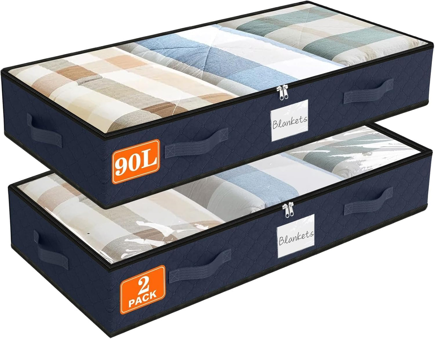 SpaceWhisper 90L Under Bed Storage Containers, 2-Pack Storage Bins with Clear Top, Foldable Closet Organizers and Storage with Label Holder for Clothing, Blankets, Comforter & Pillows(Blue)